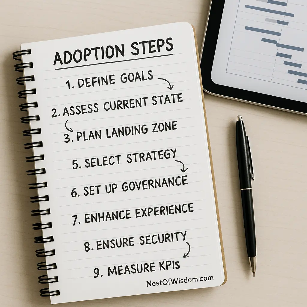 Cloud Computing Benefits for Businesses — adoption steps in a notebook with arrows