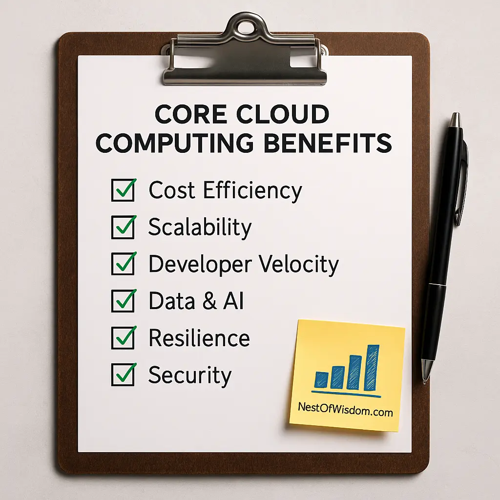 Cloud Computing Benefits for Businesses — core benefits checklist (cost, scale, speed, data & AI, resilience, security)