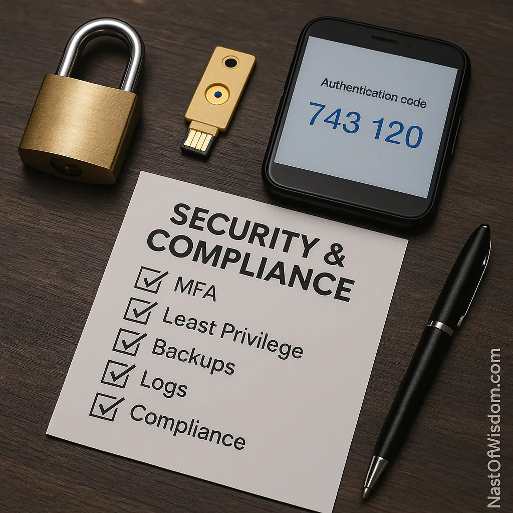 Cloud Computing Benefits for Businesses — security and compliance scene with MFA and checklist