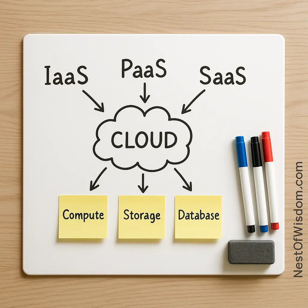 Cloud Computing Benefits for Businesses — whiteboard primer showing IaaS, PaaS, SaaS