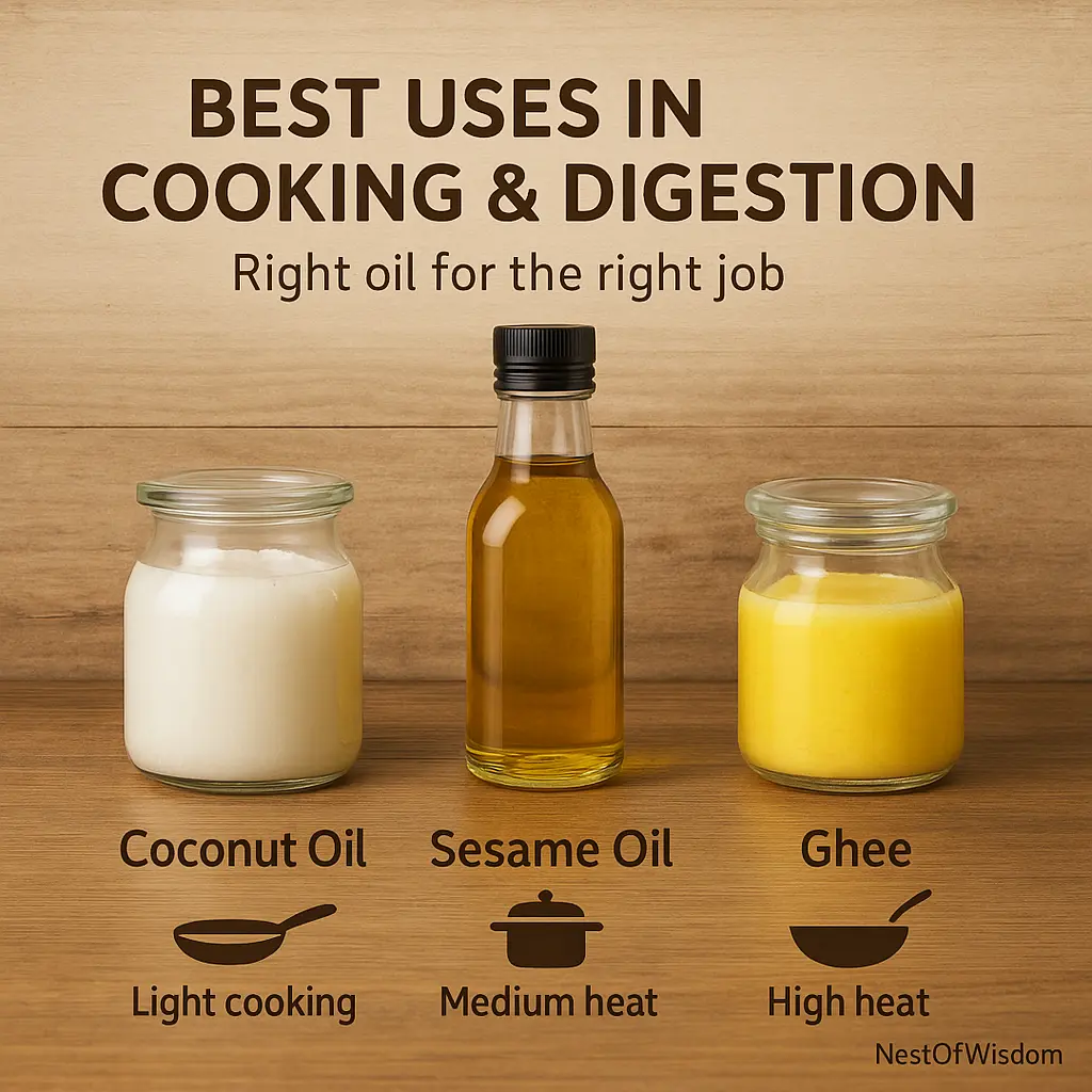 Best uses chart for Coconut Oil vs Sesame Oil vs Ghee