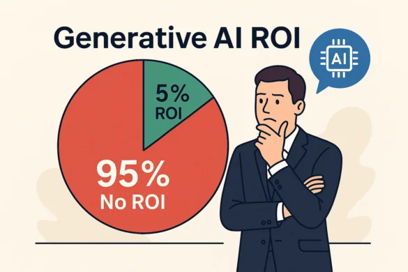 Businessperson looking at a Generative AI ROI chart showing 95% no ROI and 5% ROI