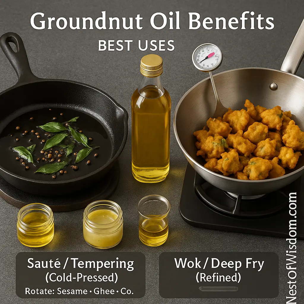 Groundnut Oil Benefits — tempering in cast-iron with cold-pressed oil; wok/deep-fry with refined oil; rotation jars for sesame, ghee, coconut