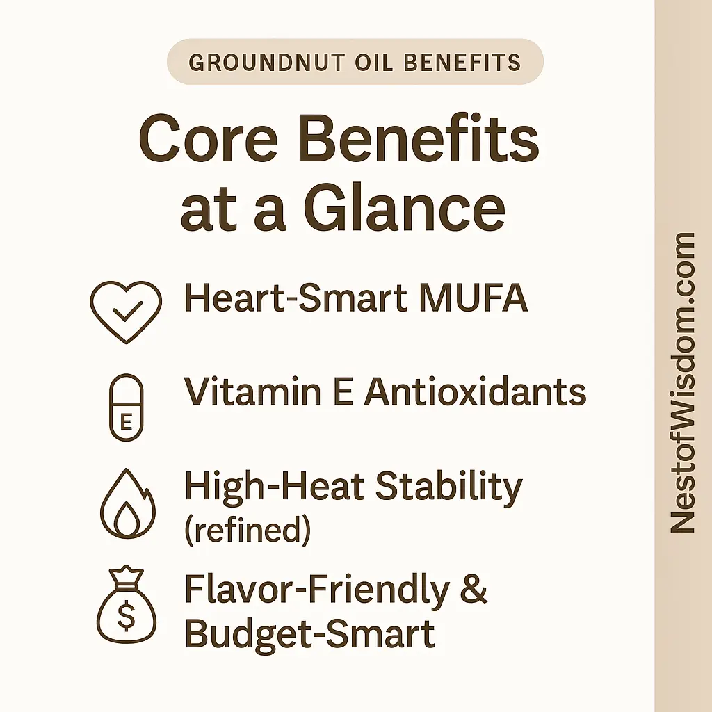 Groundnut Oil Benefits — heart-smart MUFA, vitamin E antioxidants, high-heat stability (refined), flavor-friendly and budget-smart