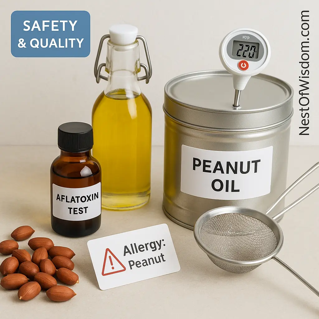 Groundnut Oil Benefits — safety and quality visual with sealed tin, thermometer, strainer, peanuts in shell, and a small allergy reminder