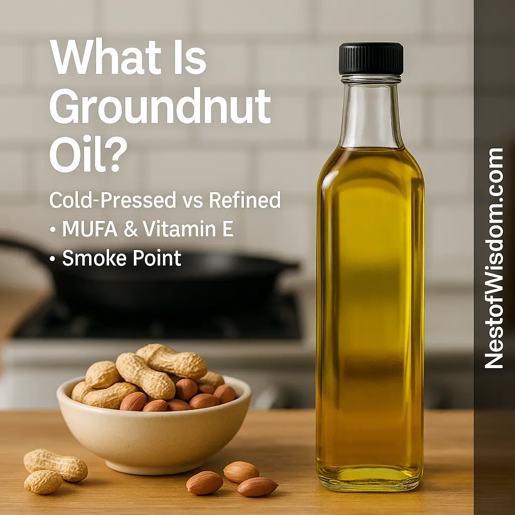 Groundnut Oil Benefits — What is groundnut oil? Cold-pressed vs refined, MUFA & Vitamin E, smoke point