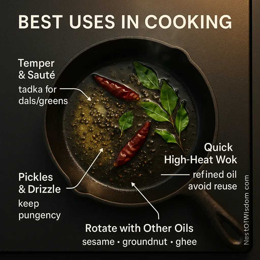 Mustard Oil Benefits — live tadka in skillet with callouts: Temper & Sauté, Quick Wok (refined), Pickles & Drizzle, Rotate with other oils