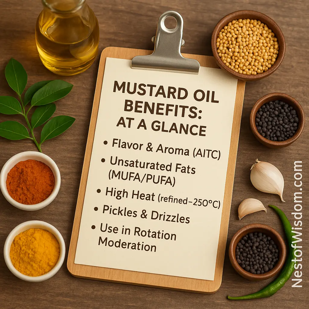 Mustard Oil Benefits — at-a-glance list showing AITC kitchen hygiene, heart-smart pattern, winter comfort, topical tradition