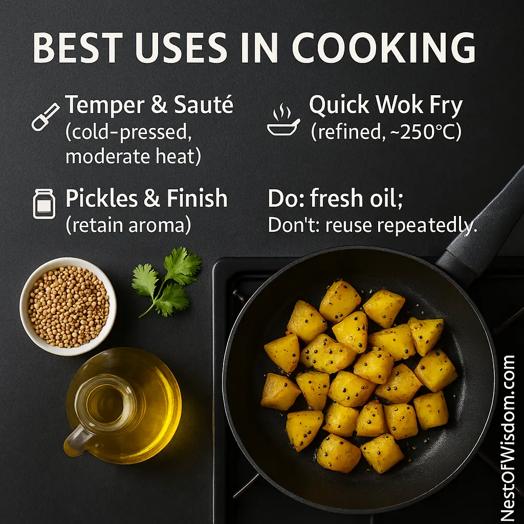 Mustard Oil Benefits — safety explainer covering erucic acid, edible vs external labels, moderation and rotation