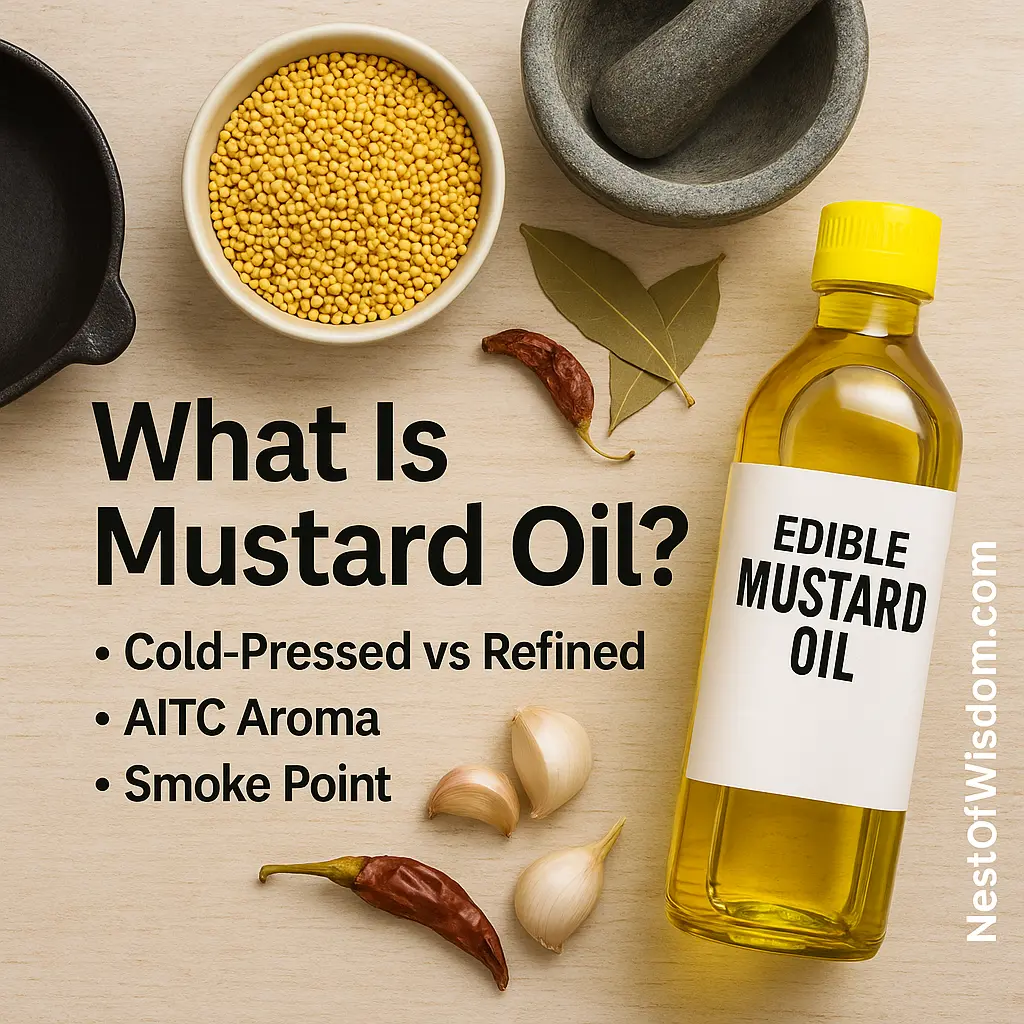 Mustard Oil Benefits — What Is Mustard Oil? Cold-Pressed vs Refined, AITC aroma, smoke point primer
