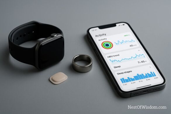 Wearable Tech and Health Data flat lay: smartwatch, smart ring, skin patch, and phone app showing activity, HRV, and sleep graphs.
