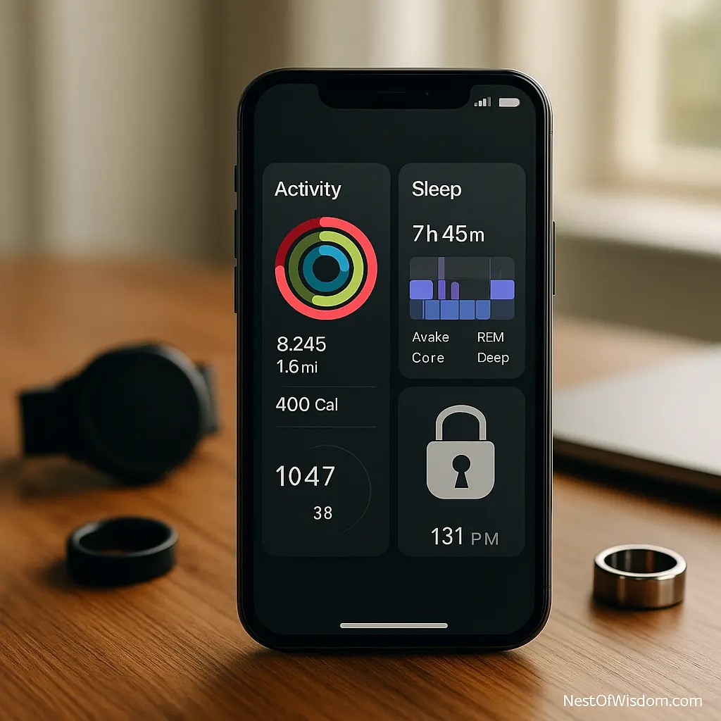 Wearable Tech and Health Data — phone, watch, and ring dashboards showing activity, sleep, and readiness