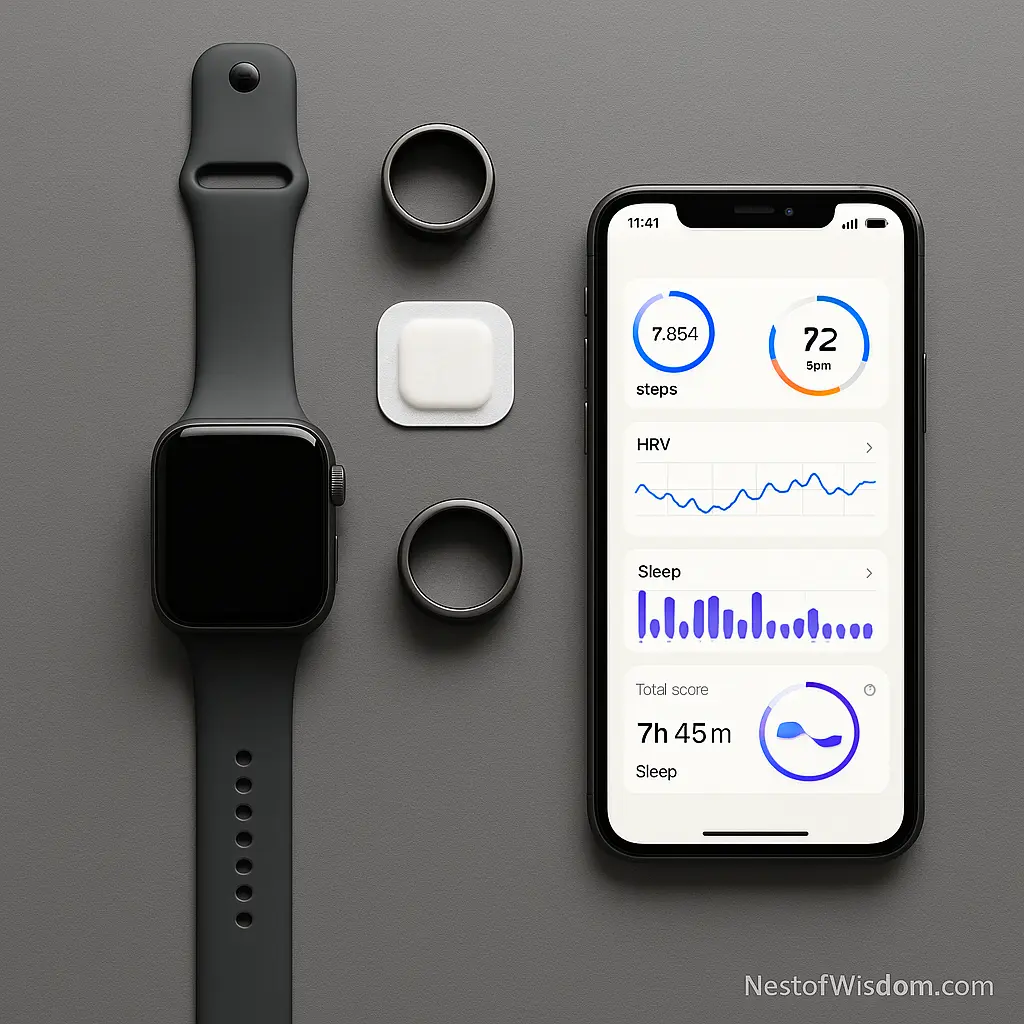 Wearable Tech and Health Data — flat lay setup of watch, ring, charger, and phone for clean daily routine