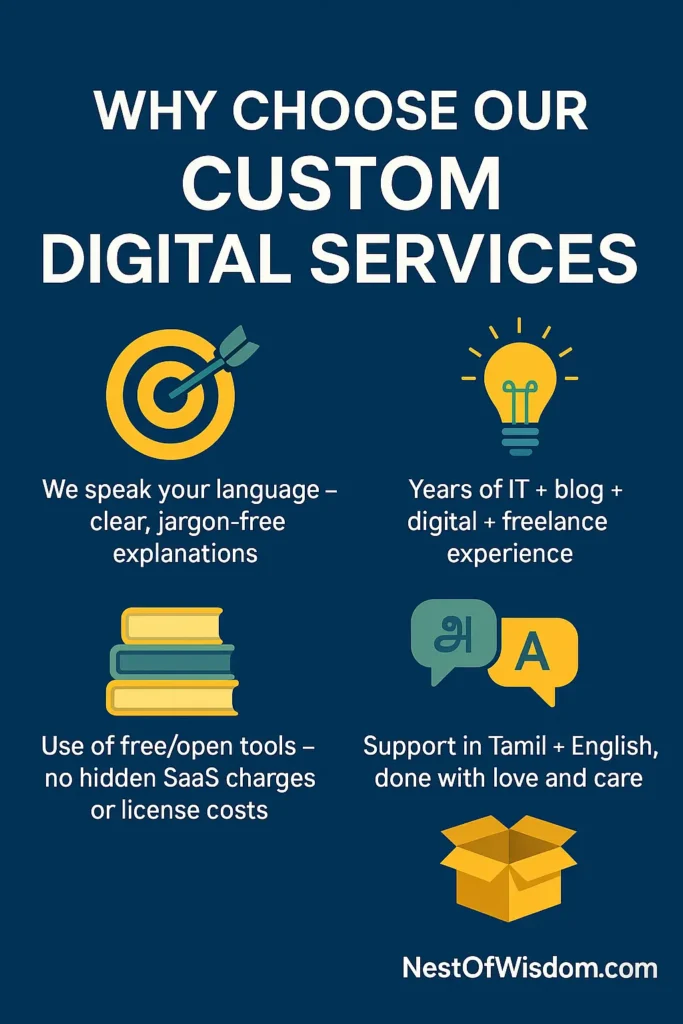 Why Choose Our Custom Digital Services – clear support in Tamil & English, open tools, and personalized care