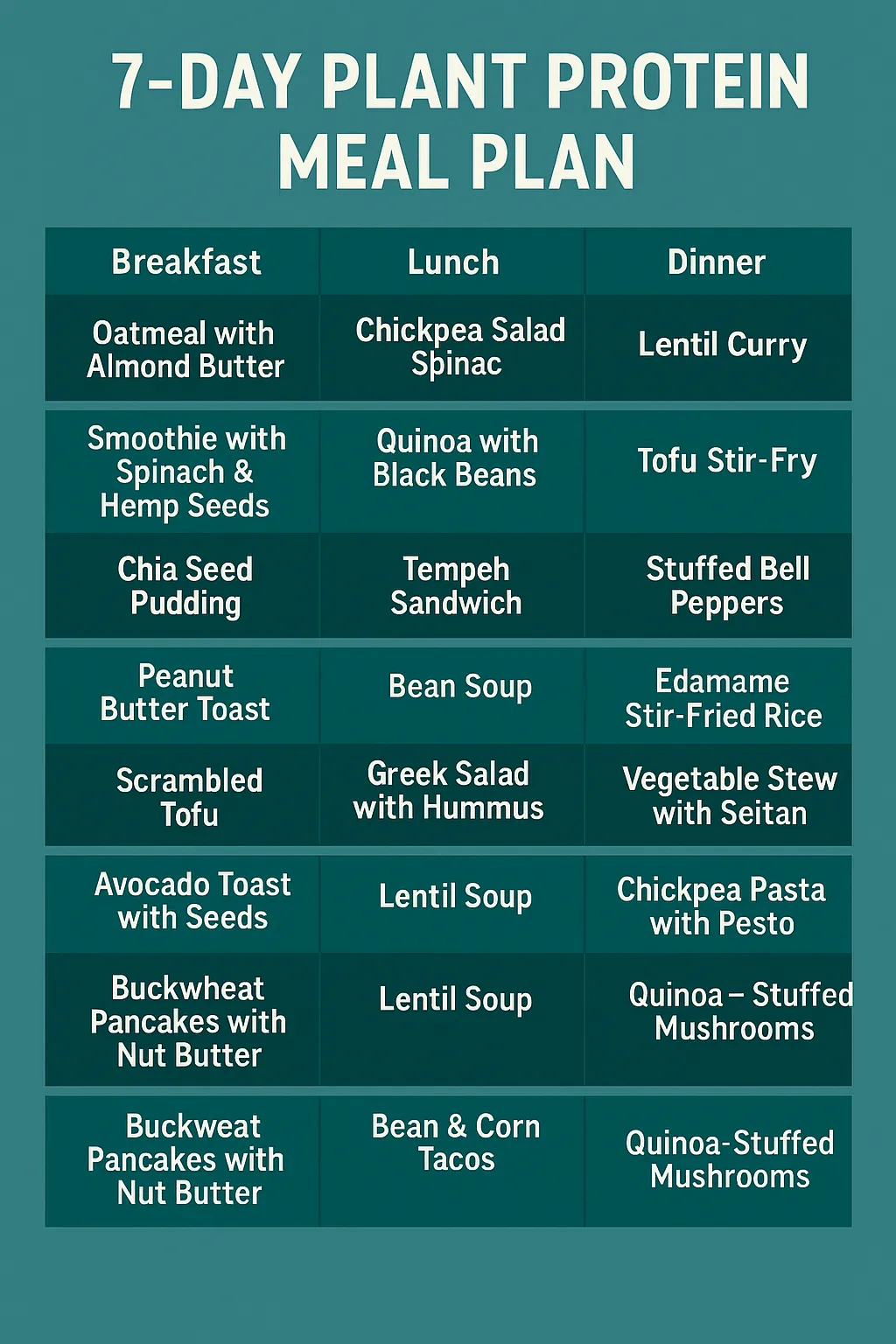 7 Day Plant Protein Meal Plan Infographic