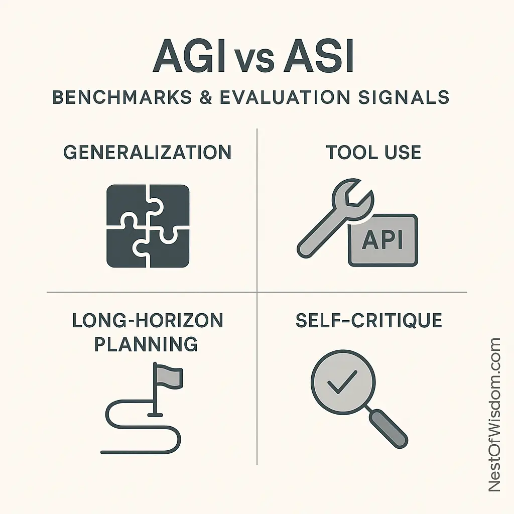AGI vs ASI benchmarks and evaluation signals infographic