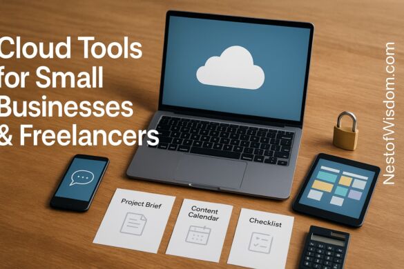 Cloud Tools for Small Businesses and Freelancers — photo of a modern workspace with laptop showing a cloud icon, phone (chat), tablet (kanban), Project Brief, Content Calendar, Checklist, calculator, padlock, and right-edge branding.