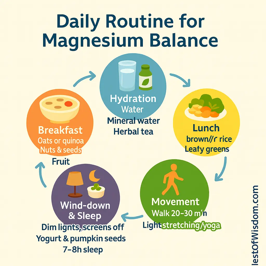 Daily routine for magnesium balance — breakfast with whole grains and seeds, hydration, lunch with legumes and greens, movement, dinner with millets or soy and vegetables, wind-down and sleep