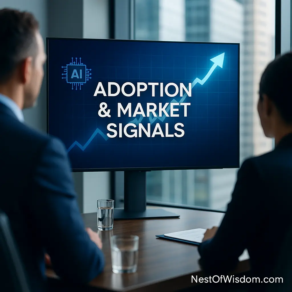 Generative AI in Business — enterprise adoption and market signals rising on a boardroom screen