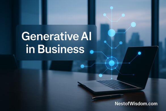 Generative AI in Business — executive desk with subtle AI network overlay