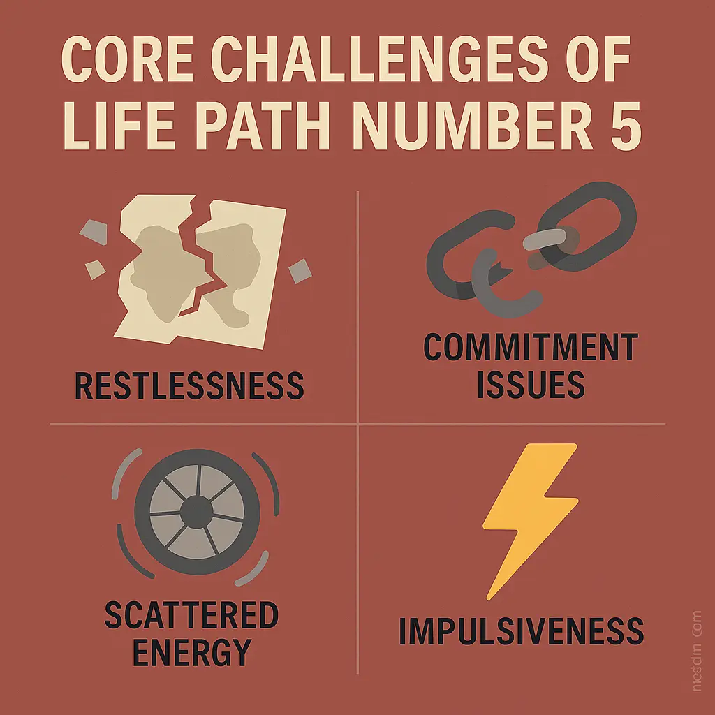 Core challenges of Life Path Number 5 — restlessness, impulsiveness, commitment issues, scattered energy