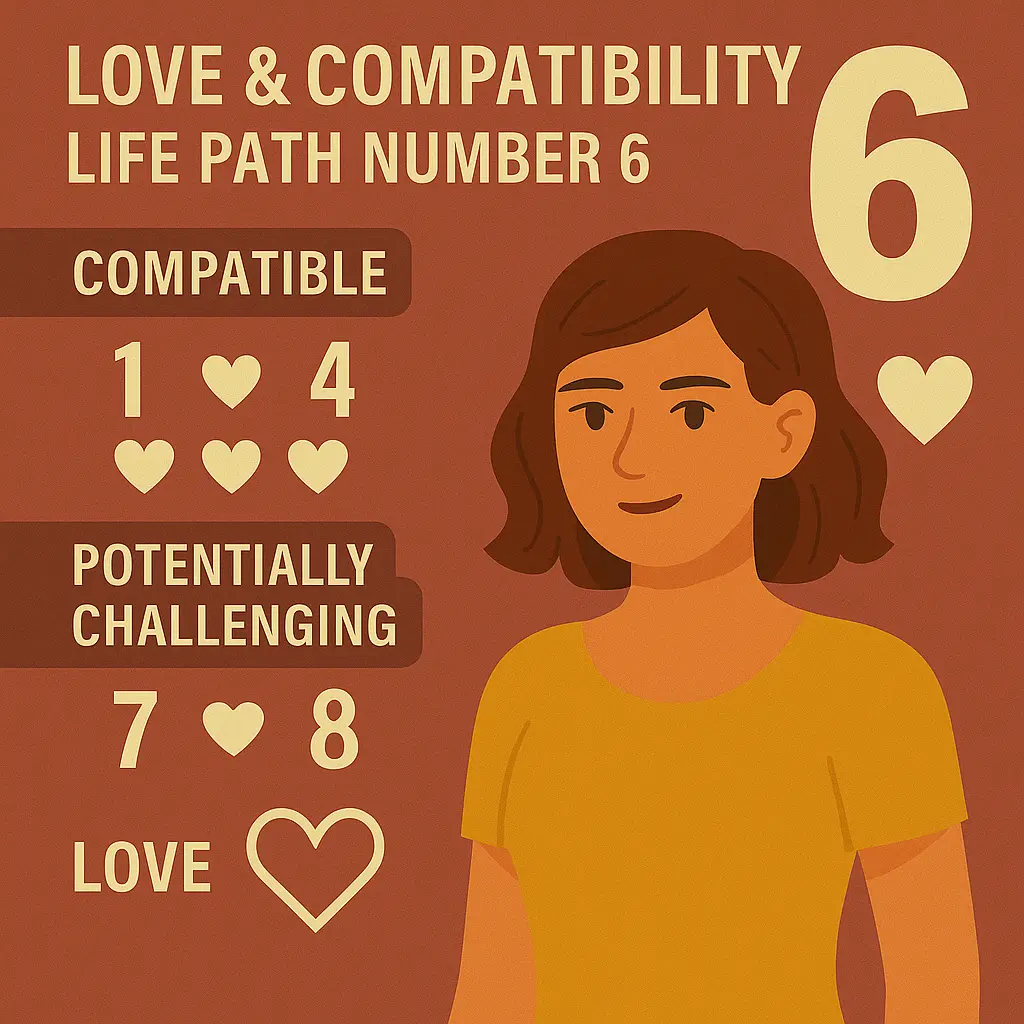 Love and Compatibility of Life Path Number 6 – devoted and caring; compatible with 2, 4, 8