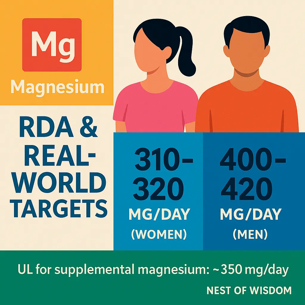 Magnesium RDA chart – daily needs for men and women; supplement upper limit