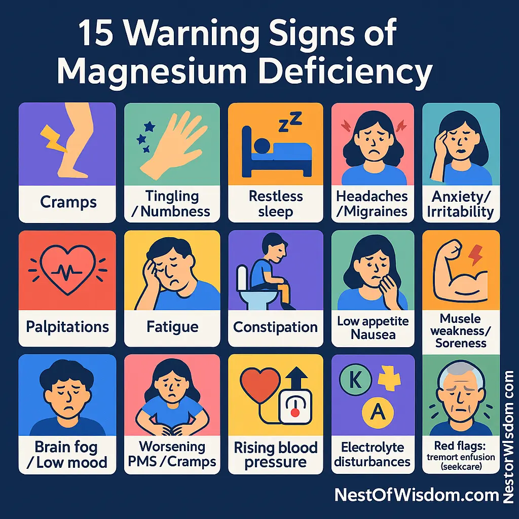 Magnesium deficiency warning signs infographic – cramps, sleep, stress, fatigue, heart rhythm, digestion