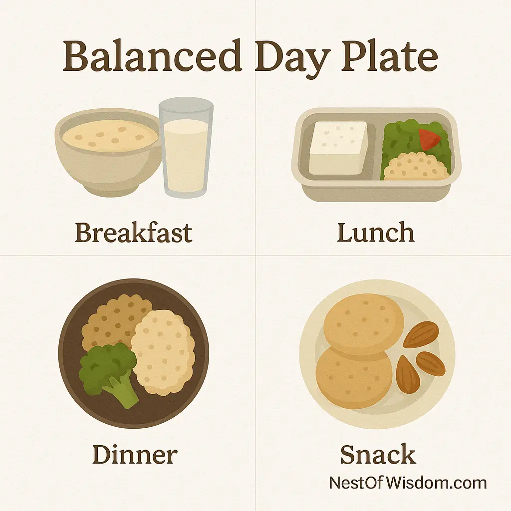 Plant Based Protein Sources – balanced day plate for breakfast lunch dinner snack