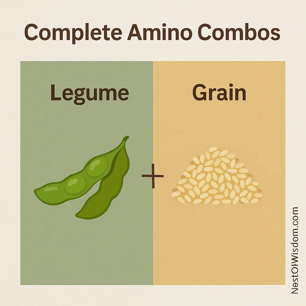 Plant Based Protein Sources – complete amino combos (legume + grain)