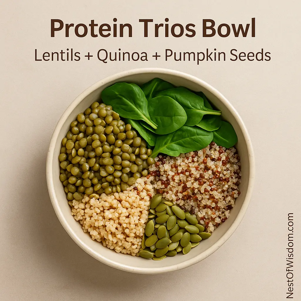 Plant Based Protein Sources – protein trios bowl with lentils quinoa pumpkin seeds