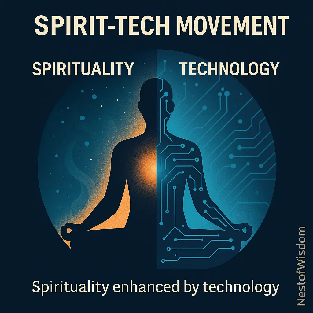 Spirit Tech Movement infographic meditating figure spirituality and technology fusion