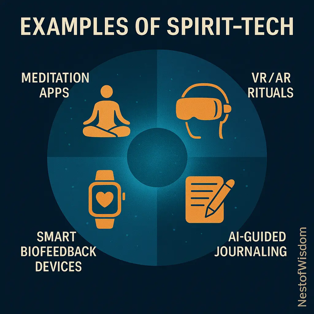 Spirit Tech Movement infographic with examples meditation apps VR rituals AI journaling biofeedback devices