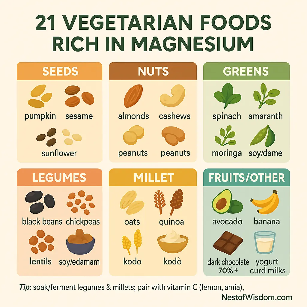 21 vegetarian magnesium foods – seeds, nuts, greens, legumes, whole grains, millets, fruits, dark chocolate