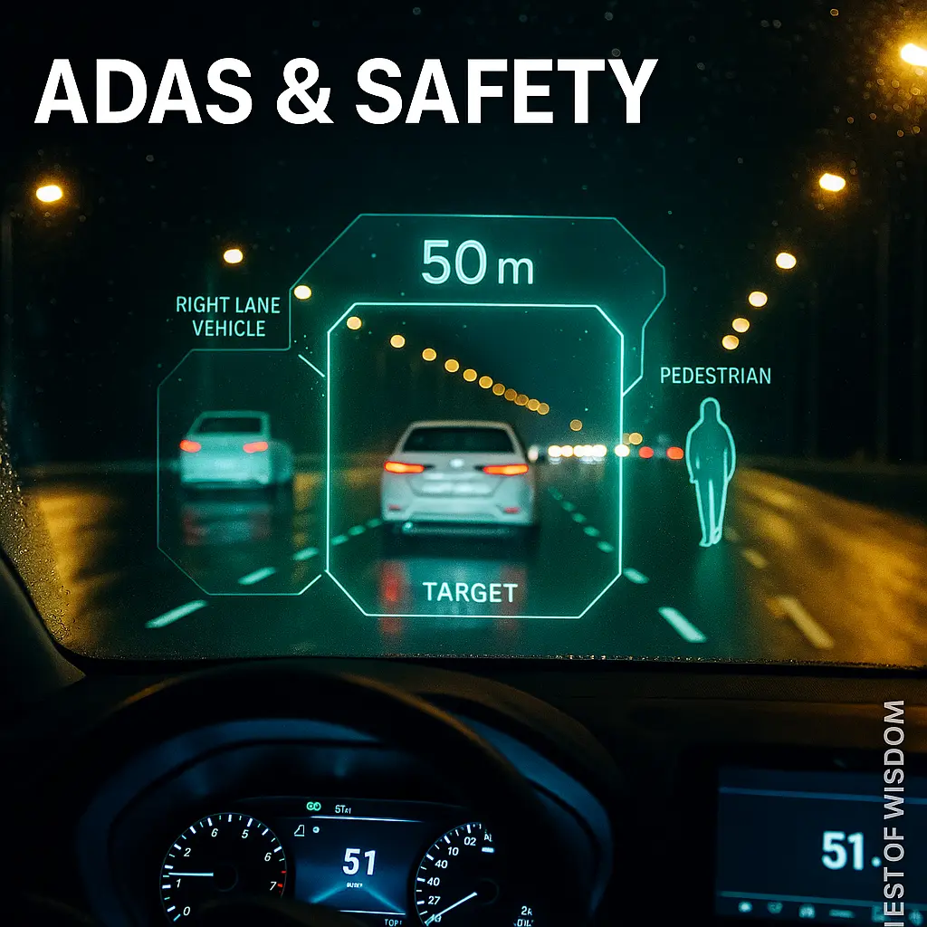 AI in the automotive industry ADAS safety HUD with lane and vehicle detection at night