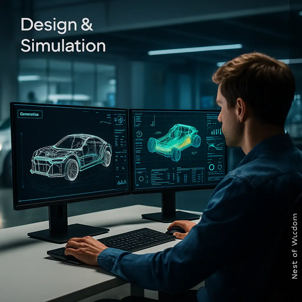 AI in the automotive industry design simulation studio with generative chassis on screen