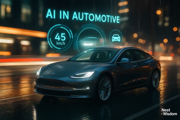 AI in the automotive industry night street photo with AR HUD overlay and electric car