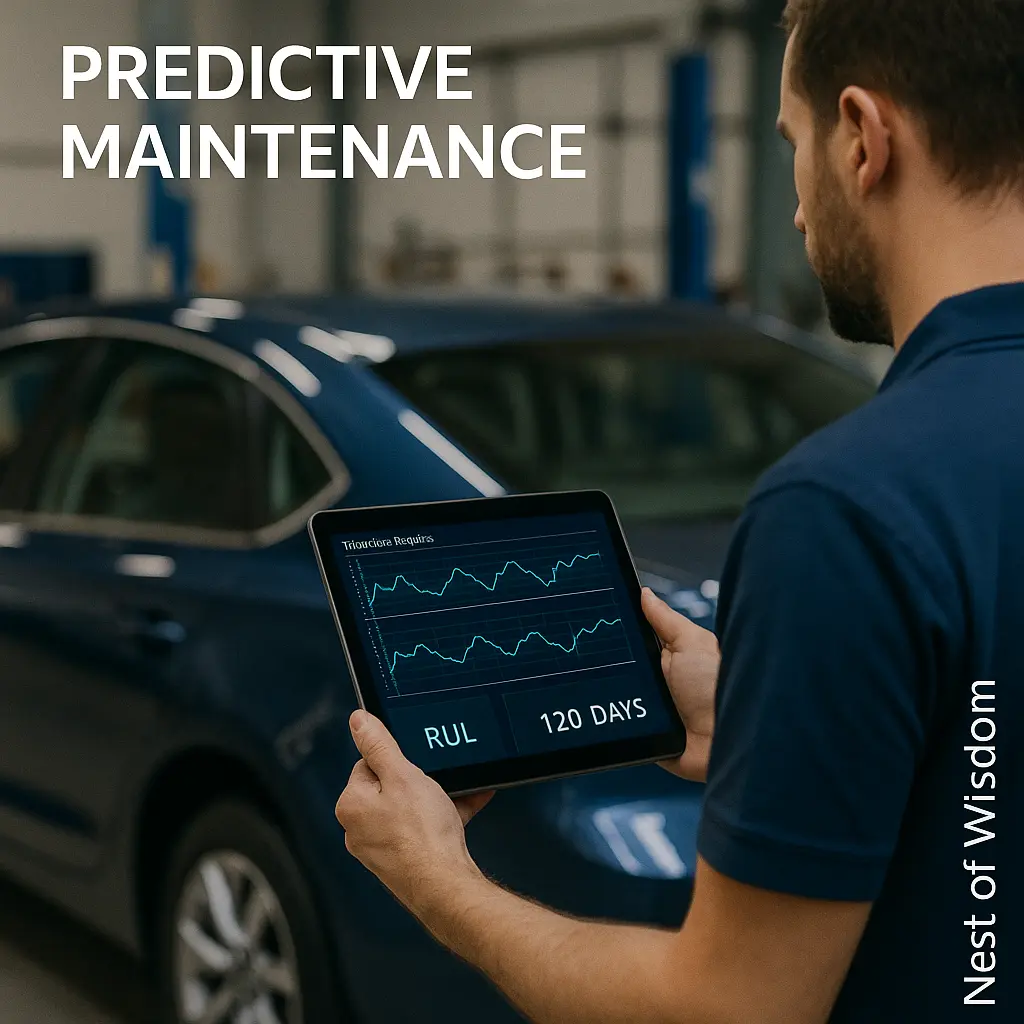 AI in the automotive industry predictive maintenance tablet showing vibration graphs and RUL
