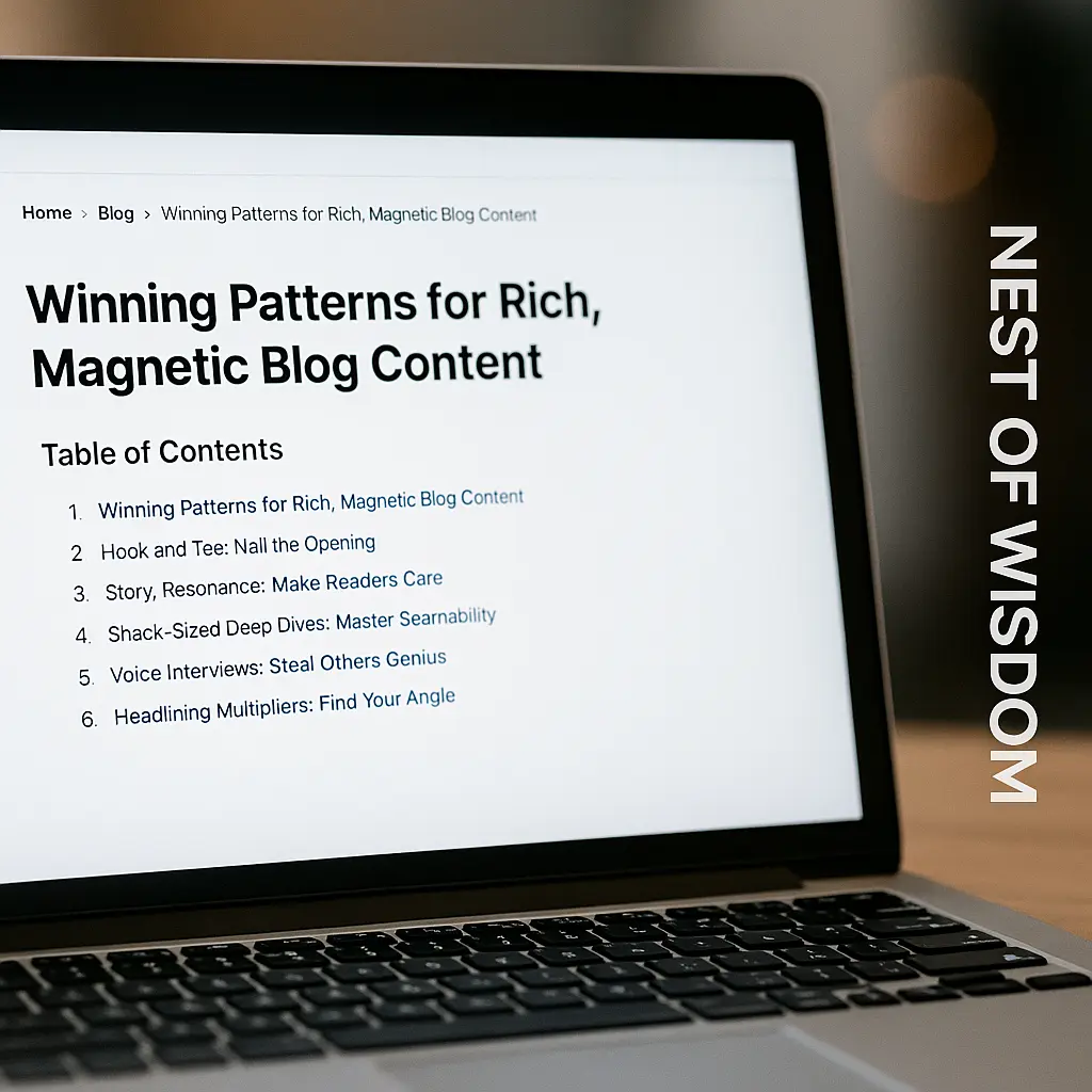 Internal linking strategy for blogs breadcrumbs and table of contents pattern on a laptop screen with right-edge Nest of Wisdom branding