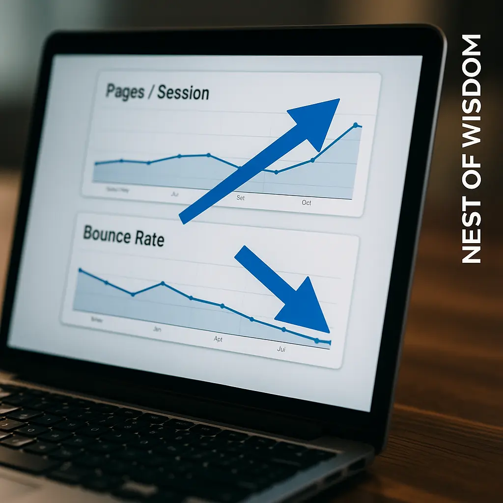 Internal linking strategy for blogs KPI chart with pages per session rising and bounce rate decreasing, right-edge Nest of Wisdom branding