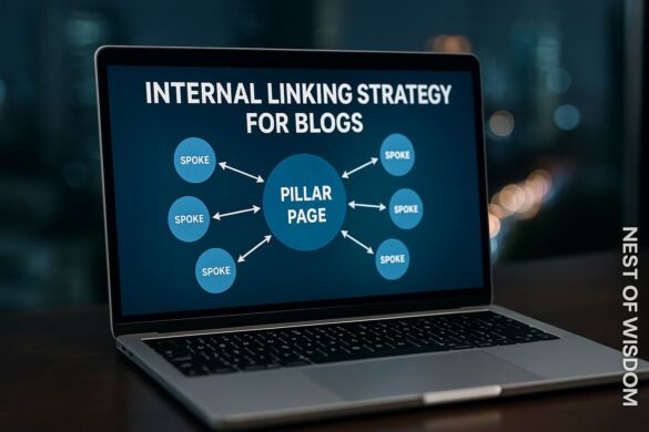 Internal linking strategy for blogs laptop hero with hub-and-spoke map and right-edge Nest of Wisdom branding