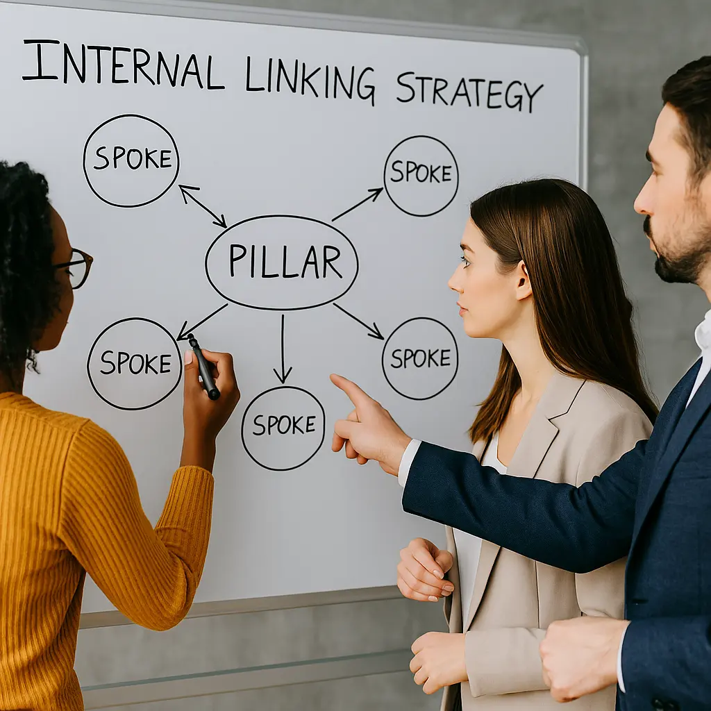 Internal linking strategy for blogs team mapping hub and spokes on a whiteboard with right-edge Nest of Wisdom branding